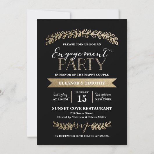 Gold Laurels Black Engagement Party - Uitnodiging (Voorkant)