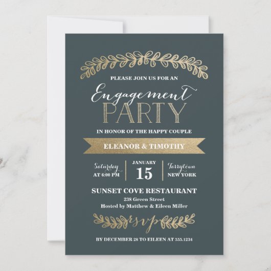 Gold Laurels Slate Engagement Party Kaart (Voorkant)