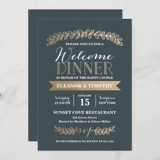 Gold Laurels Slate Weddenschap Welkomstfeest Kaart (Voorkant / Achterkant)