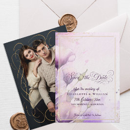 Gold Lavender Floral Photo Wedding Save the Date Kaart
