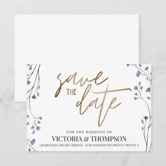 Gold Lavender Floral Rustic Wedding Save The Date (Voorkant / Achterkant)