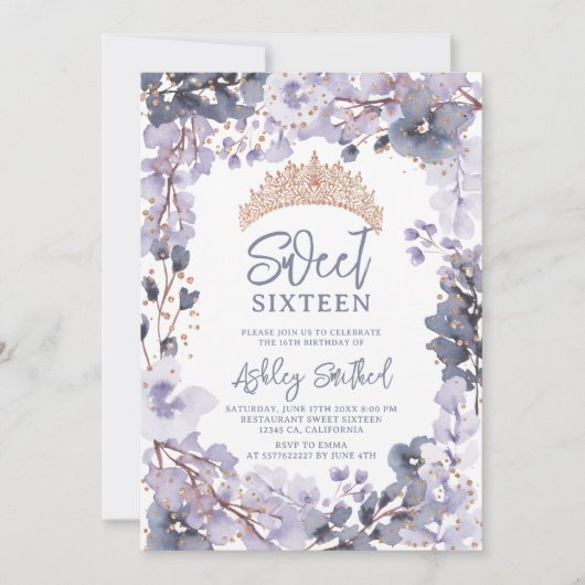 Gold lavender floral tiara princess Sweet 16 Kaart (Voorkant)