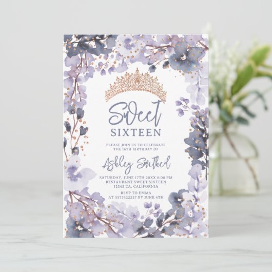 Gold lavender floral tiara princess Sweet 16 Kaart (Staand voorkant)