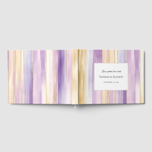 Gold Lavender Purple Stripes Wedding Gastenboek (Volledig)