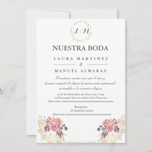 Gold Lavenderblush Floral Wedding Spain Kaart (Voorkant)
