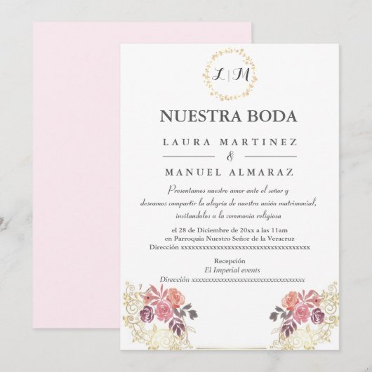 Gold Lavenderblush Floral Wedding Spain Kaart (Voorkant / Achterkant)