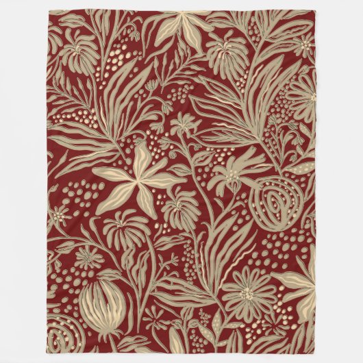 Gold Lazy Floral Pattern op Deep Red Fleece Deken (Voorkant)