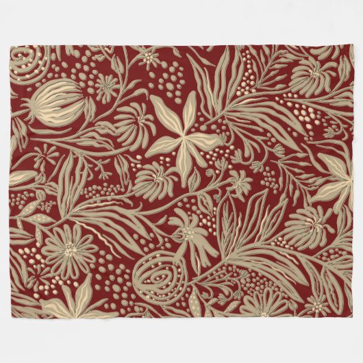 Gold Lazy Floral Pattern op Deep Red Fleece Deken (Voorkant (Horizontaal))
