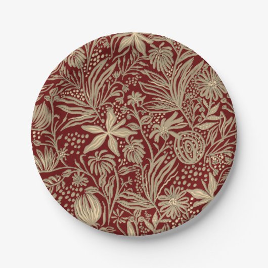 Gold Lazy Floral Pattern op Deep Red Papieren Bordje (Voorkant)