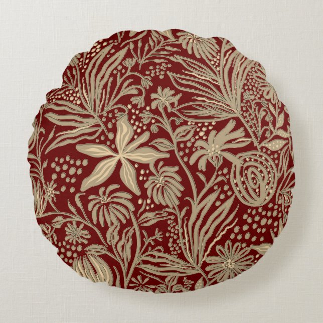 Gold Lazy Floral Pattern op Deep Red Rond Kussen (Voorkant)