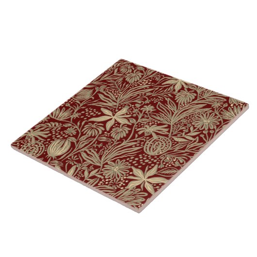 Gold Lazy Floral Pattern op Deep Red Tegeltje (Zijkant)