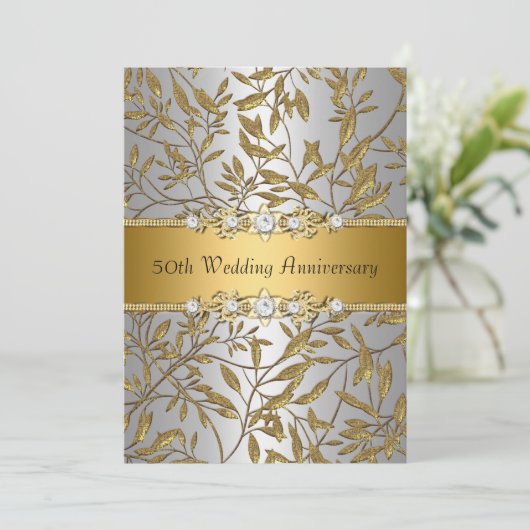 Gold Leaf 50th Wedding Jubileum Invite Kaart (Staand voorkant)