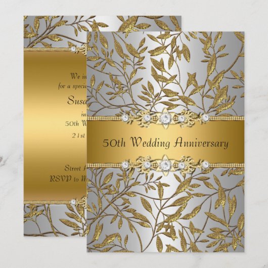 Gold Leaf 50th Wedding Jubileum Invite Kaart (Voorkant / Achterkant)