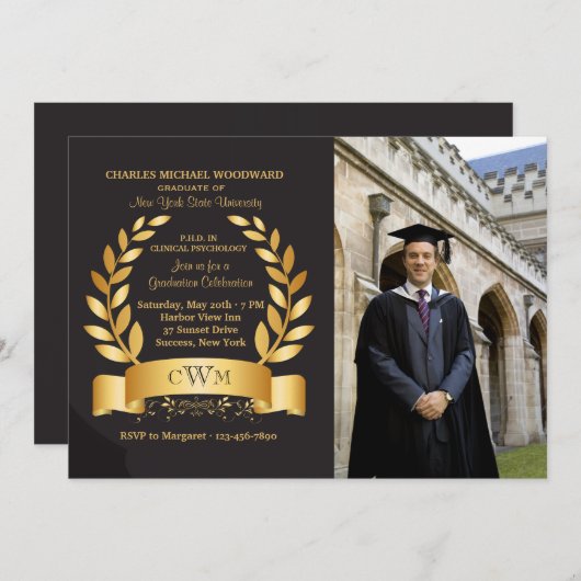 Gold Leaf Afstuderen Fotouitnodiging Kaart (Voorkant / Achterkant)