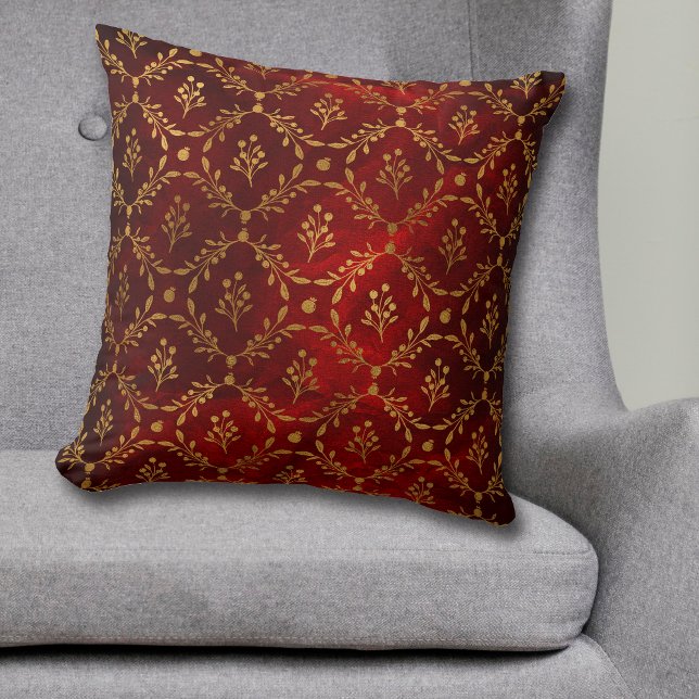 Gold Leaf Berry Lijst Pattern op Burgundy Red Glow Kussen (Creator heeft geüpload)