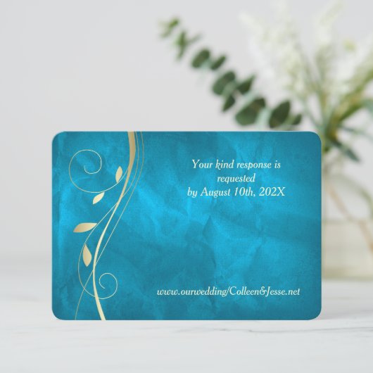Gold Leaf Blauwgroen Blue Wedding RSVP-kaart RSVP Kaartje (Staand voorkant)