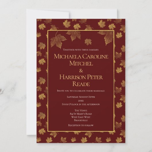 Gold Leaf Burgundy Marsala Wedding Kaart (Voorkant)