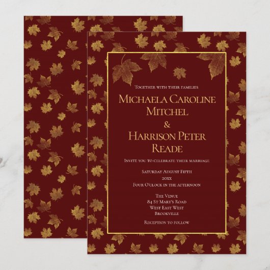 Gold Leaf Burgundy Marsala Wedding Kaart (Voorkant / Achterkant)