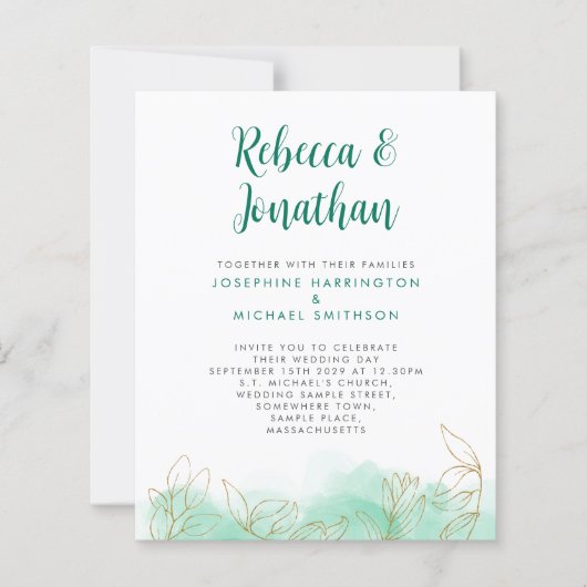 Gold Leaf Emerald Budget Weduwen Uitnodiging (Voorkant)