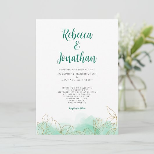 Gold Leaf Emerald Waterverf Wedding Uitnodiging (Staand voorkant)