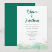 Gold Leaf Emerald Waterverf Wedding Uitnodiging (Voorkant / Achterkant)