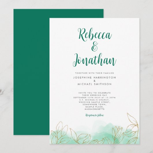 Gold Leaf Emerald Waterverf Wedding Uitnodiging (Voorkant / Achterkant)