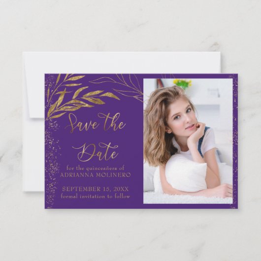 Gold Leaf en Calligraphy Paars Photo Save The Date (Voorkant)