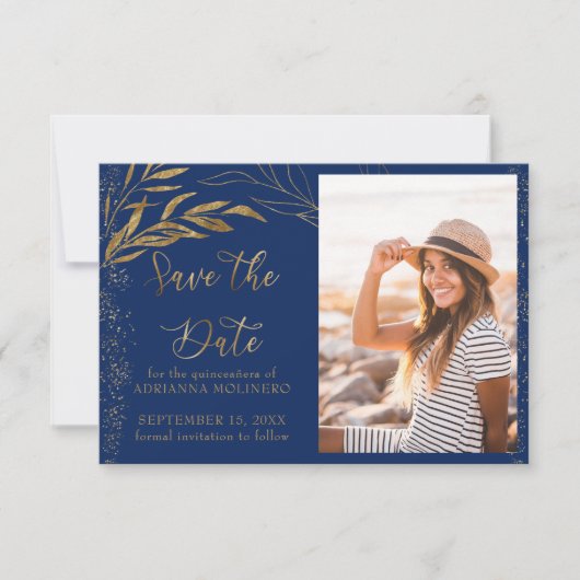 Gold Leaf en Calligraphy Royal Blue Photo Save The Date (Voorkant)
