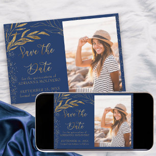 Gold Leaf en Calligraphy Royal Blue Photo Save The Date