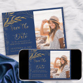 Gold Leaf en Calligraphy Royal Blue Photo Save The Date