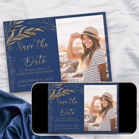 Gold Leaf en Calligraphy Royal Blue Photo Save The Date