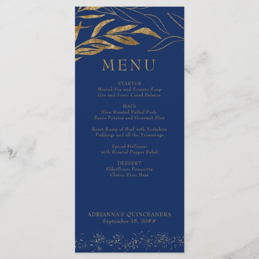 Gold Leaf en Confetti Royal Blue Menu (Voorkant)