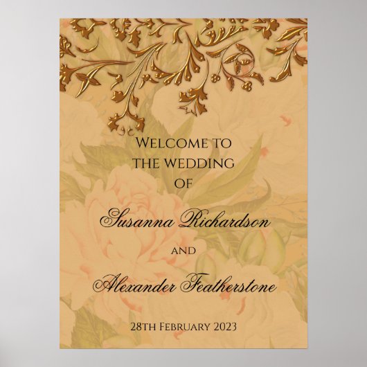 Gold Leaf en Faded Peony Wedding Welcome Poster (Voorkant)