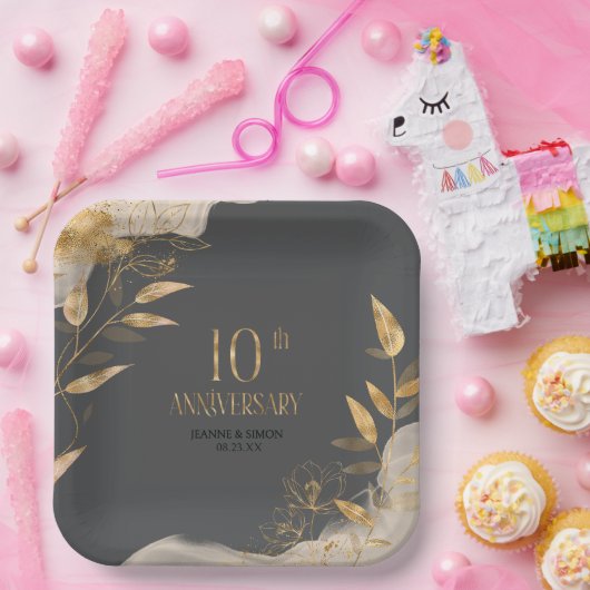 Gold Leaf Floral 10th Anniversary ID1169 Papieren Bordje (Feest)