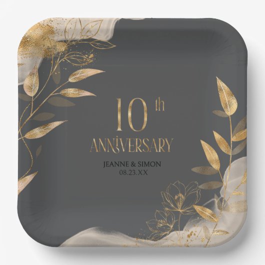 Gold Leaf Floral 10th Anniversary ID1169 Papieren Bordje (Voorkant)