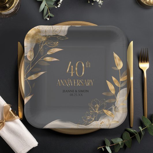 Gold Leaf Floral 40th Anniversary ID1169 Papieren Bordje