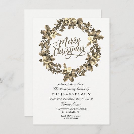 Gold Leaf Floral Wreate Kerstparty Invite Kaart (Voorkant / Achterkant)