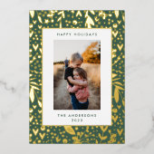 Gold Leaf geperst Green White Floral Lijst | Foto Folie Feestdagenkaart (Voorkant)