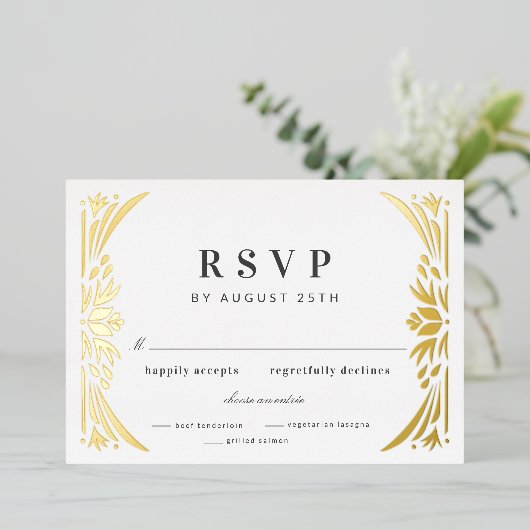 Gold Leaf Gilded Age Folie Wedding RSVP Uitnodiging (Staand Voorkant)