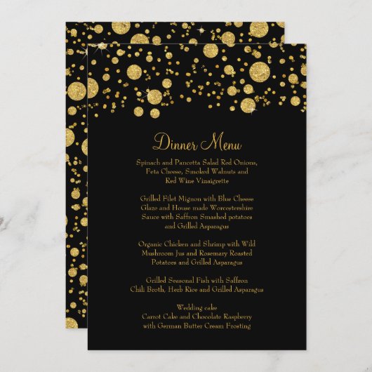 Gold Leaf Glitter Confetti Dot Elegant Dinner Menu (Voorkant / Achterkant)