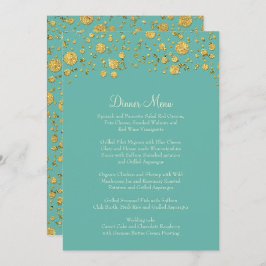 Gold Leaf Glitter Confetti Dot Elegant Dinner Menu (Voorkant / Achterkant)