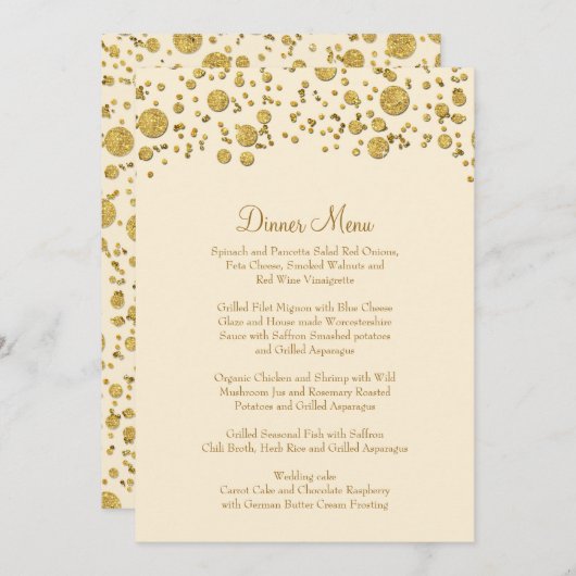Gold Leaf Glitter Confetti Dot Elegant Dinner Menu (Voorkant / Achterkant)