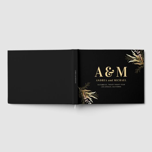 Gold Leaf Greenery Black Monogram Elegant Wedding Gastenboek (Volledig)