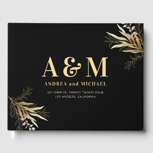 Gold Leaf Greenery Black Monogram Elegant Wedding Gastenboek (Voorkant)