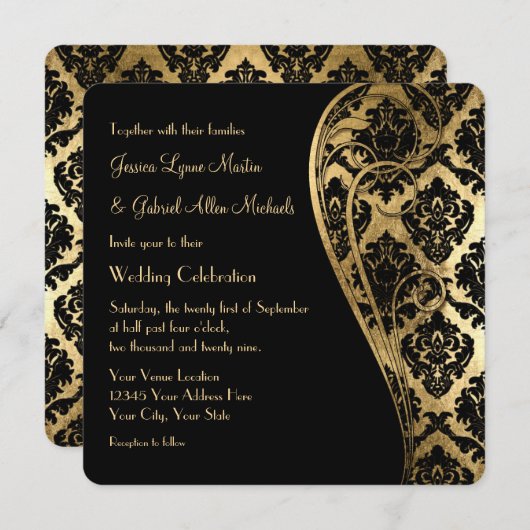 Gold Leaf Kijk Damask Scroll Formal Wedding Invite Kaart (Voorkant / Achterkant)