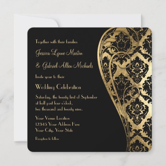 Gold Leaf Kijk Damask Scroll Formal Wedding Invite Kaart (Voorkant)
