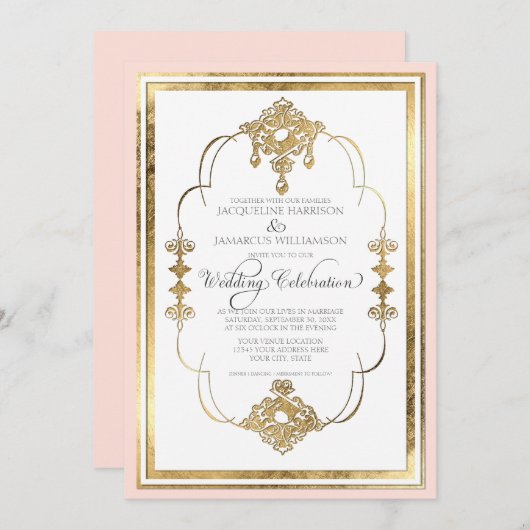 Gold Leaf Look Art Deco Nouveau Huwelijksuitnodigi Kaart (Voorkant / Achterkant)