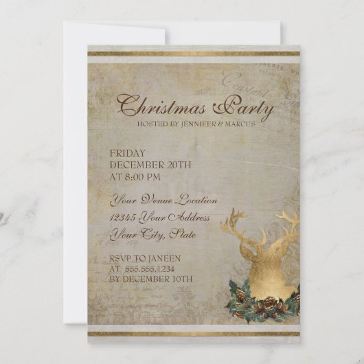 Gold Leaf Look Deer Head Antlers Kerstfeest Kaart (Achterkant)