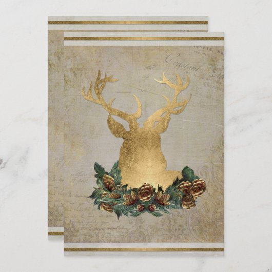 Gold Leaf Look Deer Head Antlers Kerstfeest Kaart (Voorkant / Achterkant)