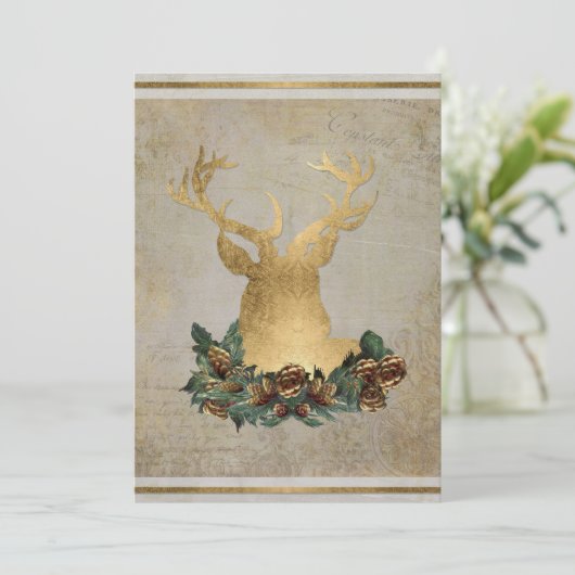 Gold Leaf Look Deer Head Antlers Kerstfeest Kaart (Staand voorkant)